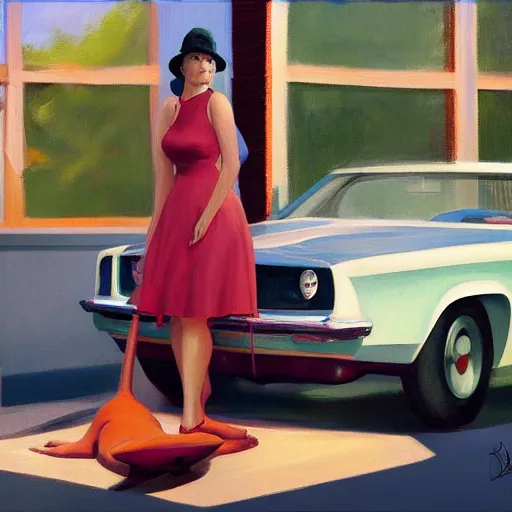 Prompt: Character portrait with car, dated a woman that lived on Cooterneck Road, She had a catfish Camero and was cooler than me, by Edward Hopper, Bo Bartlett, and Cynthia Sheppard, Artstation