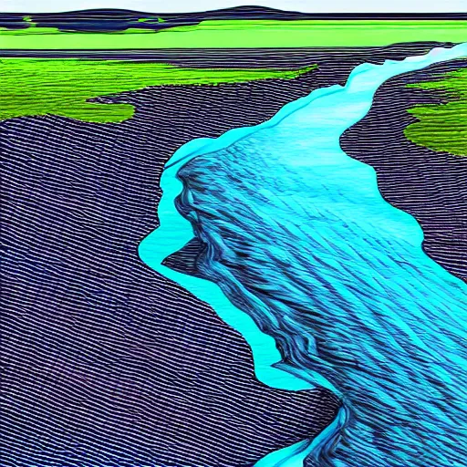 Image similar to digital art painting of a river running through the plains, very mediocre, not detailed at all.