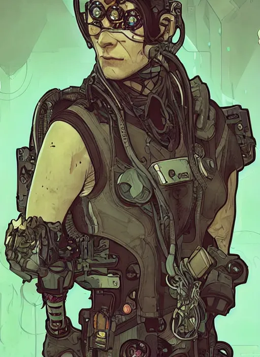 Image similar to cyberpunk neurosurgeon. portrait by ashley wood and alphonse mucha and laurie greasley and josan gonzalez and james gurney. splinter cell, apex legends, rb 6 s, hl 2, d & d, cyberpunk 2 0 7 7. realistic face. character clothing. vivid color. dystopian setting.