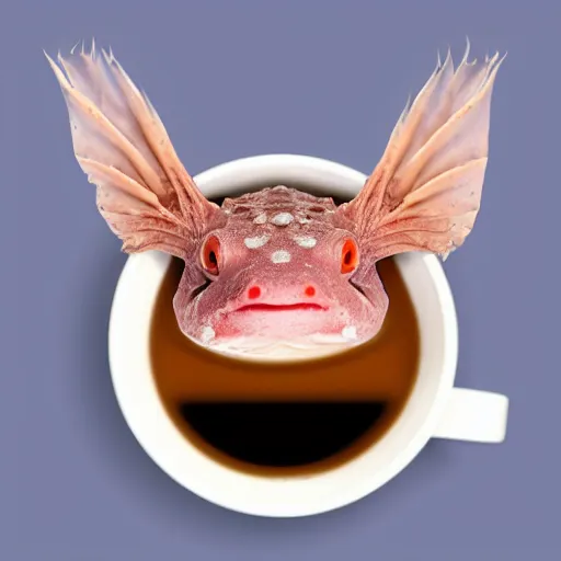 Image similar to An axolotl peeking out of a cup of coffee, light blue background