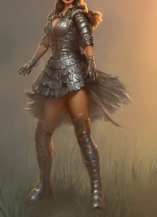 Prompt: beautiful female dorothy gale, rebecca romijn as dorothy, full body character concept, full metal armor, silver metallic, super powers, fantasy, intricate, elegant, highly detailed, digital painting, artstation, concept art, shining, sharp focus, illustration, art by stanley lau