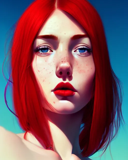 Image similar to a detailed portrait of a beautiful! woman with red hair and freckles by ilya kuvshinov, digital art, dramatic lighting, dramatic angle