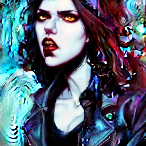 Image similar to rafael albuquerque comic art, peter mohrbacher, steve niles, artgerm, pretty scarlett johansson vampire sharp vampire teeth open mouth, symmetrical eyes, black leather jacket, jeans, long blonde hair