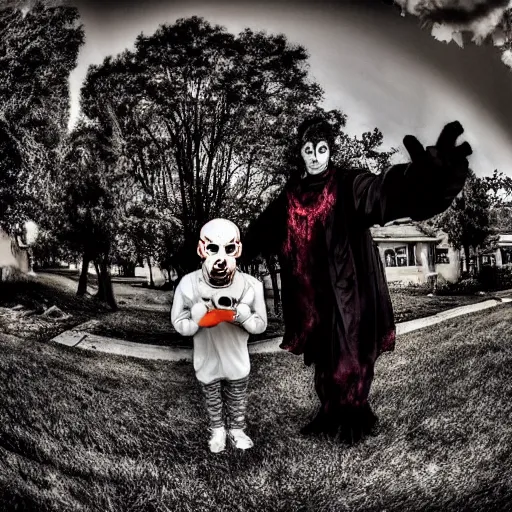 Prompt: A selfie of a fleshy-carrion monster trick or treating with a demon, fisheye lens photography, with a spooky filter applied, in a Halloween style.