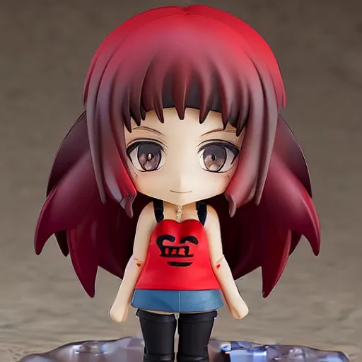 Image similar to nendoroid of a girl with a red sidecut, brown eyes and emo clothes