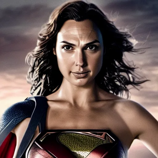 Image similar to an potrait of gal gadot play Man of Steel replacing Henry Cavill, she looking to camera, photorealistic, 4k