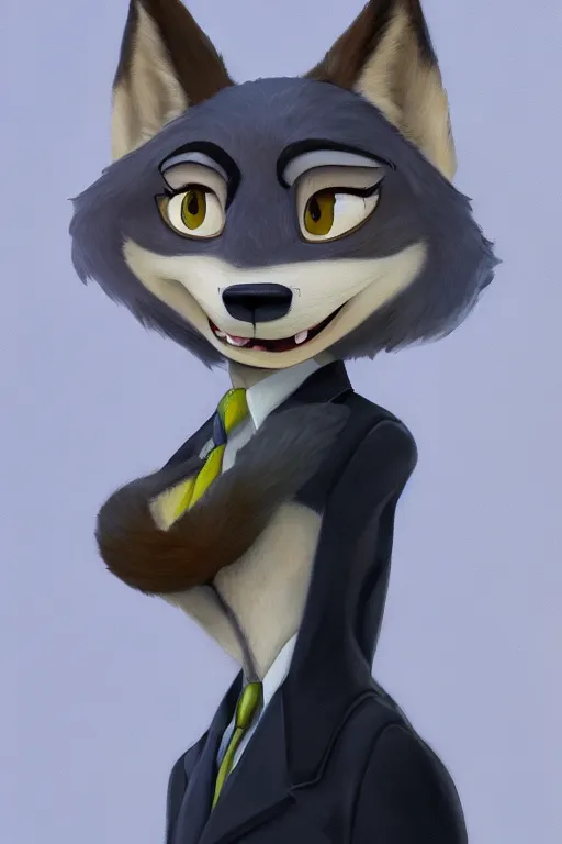 Image similar to oil painting of anthromorphic female wolf, in style of zootopia, female fursona, furry, furaffinity, 4 k, deviantart, furry art, fursona art, wearing black business suit, business suit, wolf fursona, female, smug expression,