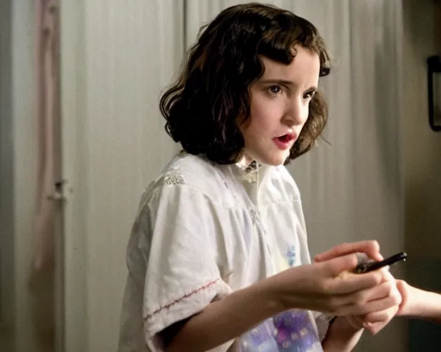Image similar to winona ryder at age 12 playing eleven on stranger things, production still, by cameldeath