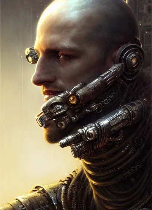 Image similar to closeup portrait shot of a cyberpunk warrior in a scenic dystopian environment, intricate, elegant, highly detailed, centered, digital painting, artstation, concept art, smooth, sharp focus, illustration, artgerm, tomasz alen kopera, peter mohrbacher, donato giancola, joseph christian leyendecker, wlop, boris vallejo