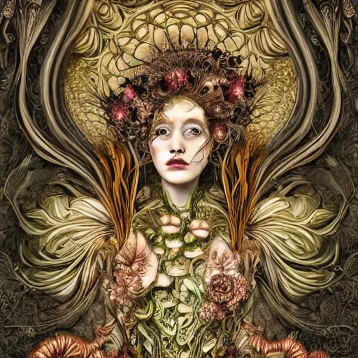 Image similar to a beautiful detailed front view baroque portrait of a rotten woman corpse with fractal plants and fractal flowers and mushrooms growing around, intricate, symmetrical, ornate, bones, art nouveau style