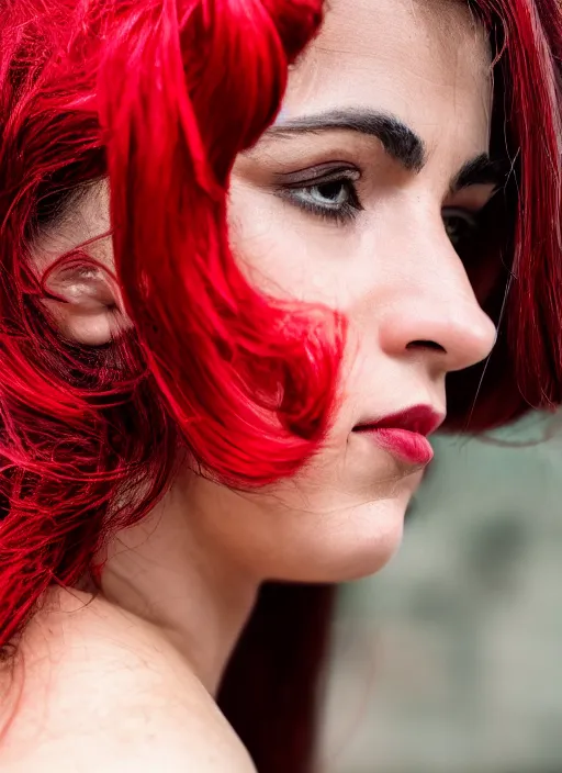 Image similar to close up portrait of beautiful Italian woman, wearing a red outfit, well-groomed model, candid street portrait award winning