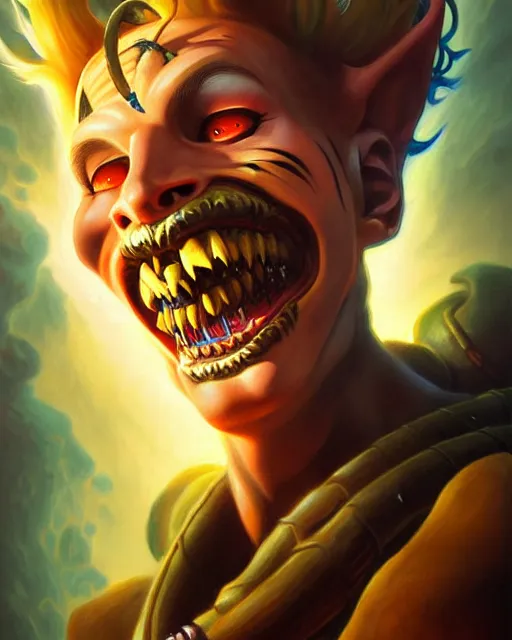 Image similar to junkrat from overwatch, fantasy, fantasy art, fantasy, colorful, elegant, character portrait, portrait, close up, highly detailed, intricate detail, amazing detail, sharp focus, vintage fantasy art, vintage sci - fi art, radiant light, caustics, by boris vallejo