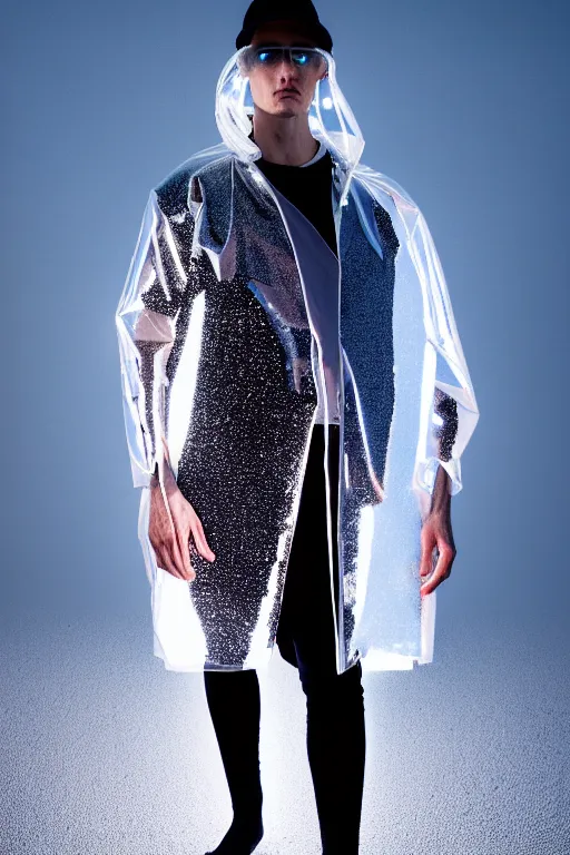 Image similar to an ultra high definition professional high fashion portrait studio full length photograph of a male model wearing a transparent pearlescent raincoat and neon visor in an icelandic black rock environment at dawn. no artefacts. extremely detailed. stark. refraction. shallow depth of field. volumetric light and shadow. ray tracing. light rays.