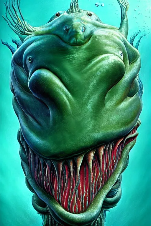 Image similar to hyperrealistic close-up surrealism underwater creature monster!! highly detailed concept art eric zener elson peter cinematic hard green lighting high angle hd 8k sharp shallow depth of field, inspired by David Paul Cronenberg and Zdzisław Beksiński