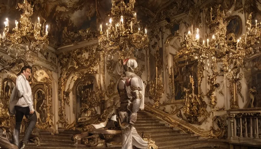 Image similar to Big budget movie about a cyborg fighting descarte's evil demon in a rococo castle