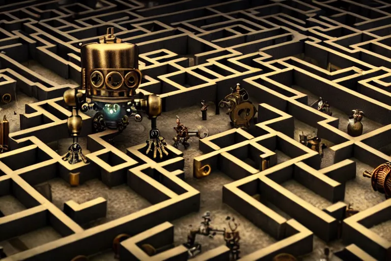 Image similar to steampunk robots in a maze by otto dix, tilt shift, ultra realistic, unreal engine, trending on artstation, 4 k