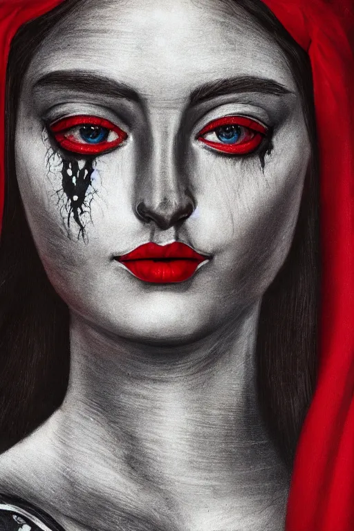 Prompt: hyperrealism close - up mythological portrait of a medieval woman's face merged with black paint in style of classicism, wearing silver silk robe, red palette