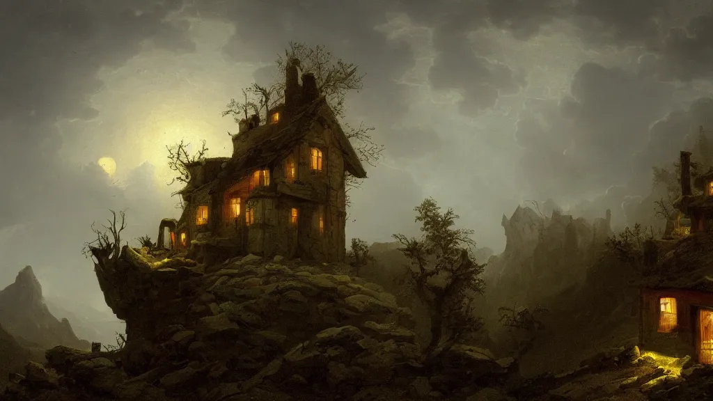 Prompt: A singular rotting cottage on a mountaintop at night, horror painting, by Hubert Robert, hyperrealistic, Blender 8k UHD