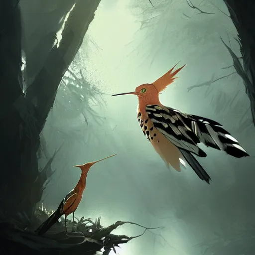 Image similar to hoopoe with open crest in avila pinewood, 4 k, concept art, by wlop, ilya kuvshinov, artgerm, krenz cushart, greg rutkowski, pixiv. cinematic dramatic atmosphere, sharp focus, volumetric lighting, cinematic lighting, studio quality