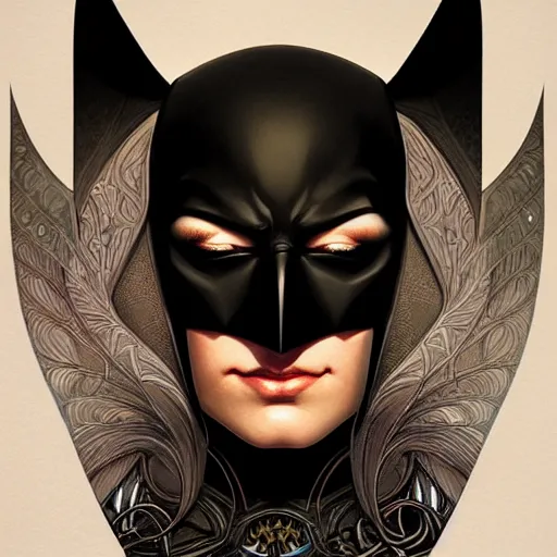 Prompt: symmetry portrait of batman, intricate, elegant, highly detailed, digital painting, artstation, concept art, smooth, sharp focus, illustration, art by artgerm and greg rutkowski and alphonse mucha