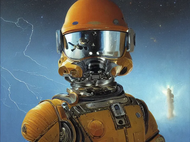 Image similar to a detailed profile oil painting of an advanced shock trooper in a spacesuit with reflective helmet, technology flight suit, portrait symmetrical and science fiction theme with lightning, aurora lighting clouds and stars by beksinski carl spitzweg and tuomas korpi. baroque elements, full-length view. baroque element. intricate artwork by caravaggio. Trending on artstation. 8k