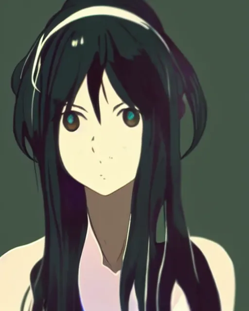 Image similar to style of makoto shinkai : : gorgeous willa holland : : evil witch, swirling black magic : : symmetrical face, symmetrical eyes : : full body pose : : gorgeous black hair : : magic lighting, low spacial lighting : :