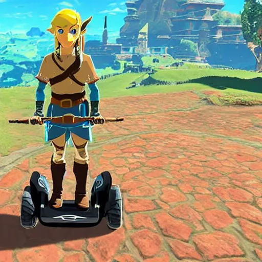 Prompt: Link riding a Segway in The Legend of Zelda Breath of the Wild