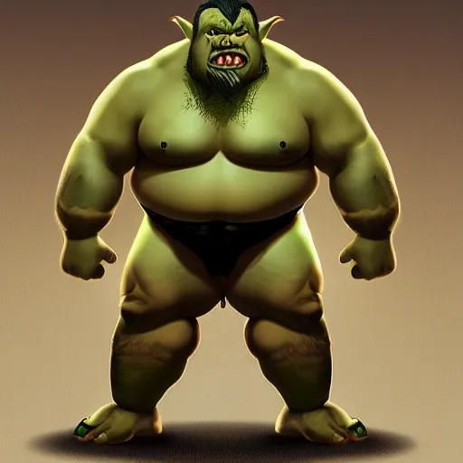 Image similar to fat orc with green skin flexing, loincloth, muscular arms, thick muscular legs, black faux hawk, beard, pointy ears, chest hair, 4K, in the style of Masanori Warugai