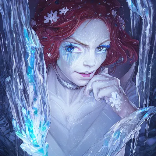 Image similar to dan mumford paint, a fantasy elf woman trapped and frozen trying to get out of a block of clear ice, with frozen flowers around her, treding artstation, greg rutkowski