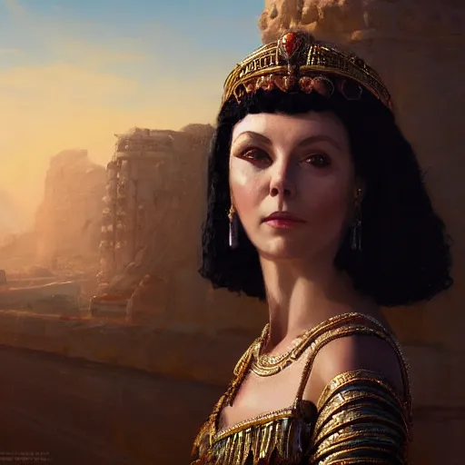 Prompt: closeup portrait of a young vivian leigh as cleopatra, palace background, dramatic light, gorgeous view, depth, high detail, digital art, painted by greg rutkowski, trending on artstation