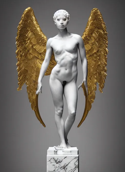 Image similar to a statue made of white marble with gold veins, of an beautiful gorgeous angel girl, full body shot, perfect symmetrical body, perfect symmetrical face, no eyes, hyper realistic, hyper detailed, fujicolor superia 1 6 0 0 photo, by johannen voss, by peter kemp, by monia merlo, by michelangelo octane render, blender, 8 k