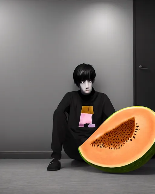 Prompt: a painting of an emo teenager with cantaloupe vibes, unreal engine, 4 k render, cinema 4 d, emo teenager at a party