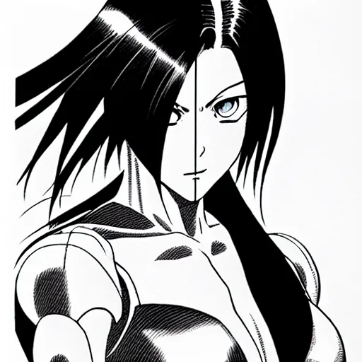 Image similar to alita by yukito kishiro. medium shot. black and white manga. pencil drawing.