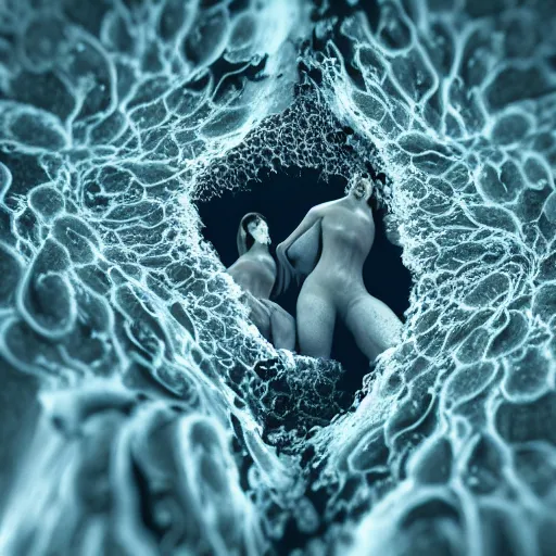 Image similar to closeup of beautiful human bodies intertwined, 3 d fractals, mandelbulb, dripping wet, skin, macro photography, highly detailed, hyperrealism, cinematic