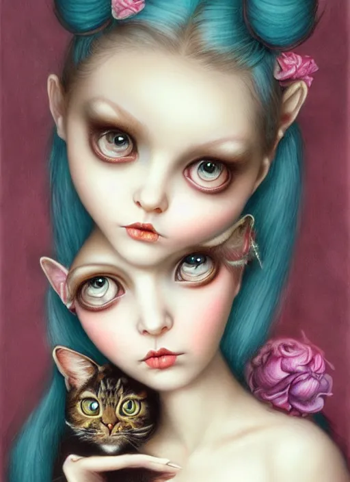 Image similar to pop surrealism, lowbrow art, realistic cute alice girl painting, holding a cat, hyper realism, muted colours, rococo, natalie shau, loreta lux, tom bagshaw, mark ryden, trevor brown style,