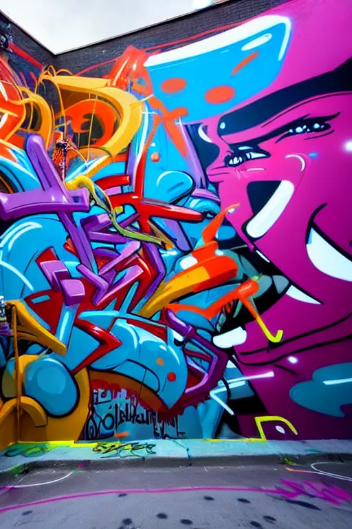 Prompt: epic graffiti mural, colorful and dynamic in the style of Hownosm and James Jean, ultimate collab, epic, unreal engine 5, coming to life popping out of the wall 3d,