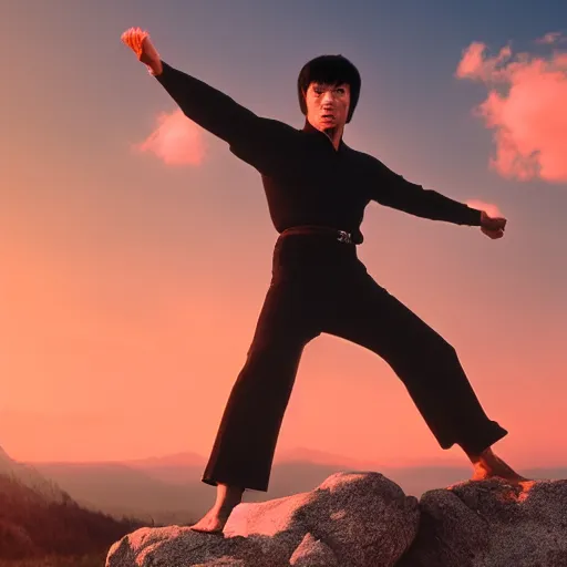 Image similar to Bruce Lee doing a kick on a rock while the sun rises in the background, HD, high resolution, cinematic, 4K
