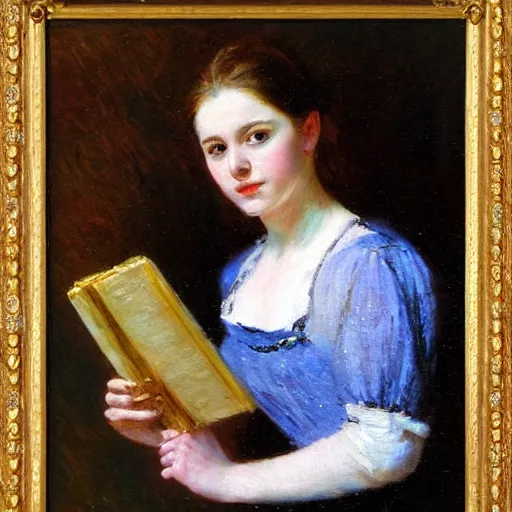 Image similar to portrait of a young woman holding a book, impressionism, realism, landscape, portrait, romanticism, painting by nikolay makovsky