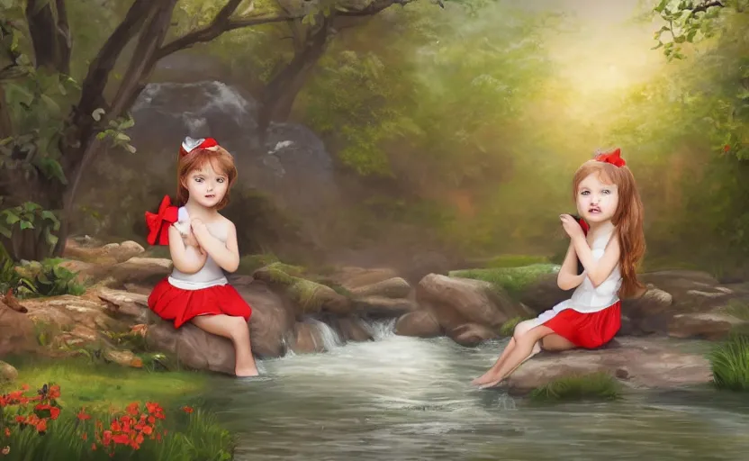 Prompt: a lonely beautiful little girl, wearing white cloths, and a red bow in her hair, playing with the water, sitting by the side of a creek, in the painting style of vector art, 8 k, detailed, rule of thirds