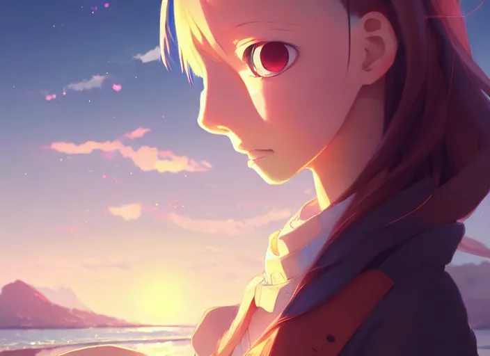 Prompt: portrait of cute girl, sunset sky in background, beach landscape, illustration concept art anime key visual trending pixiv fanbox by wlop and greg rutkowski and makoto shinkai and studio ghibli and kyoto animation, futuristic aerodynamic wheelchair, symmetrical facial features, future clothing, backlit