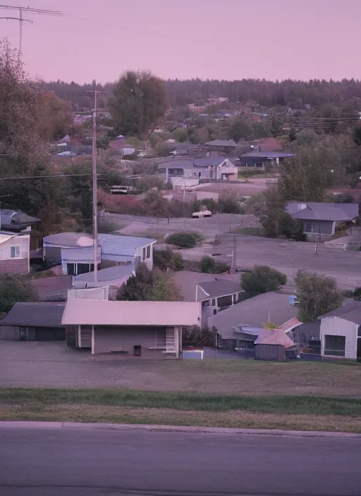 Image similar to a detailed photographic render of a 1 9 6 0 s american neighborhood during blue hour by todd hido, photoreal, 4 k, mist, rule of thirds