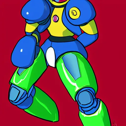 Prompt: samus in a mega man suit, digital painting