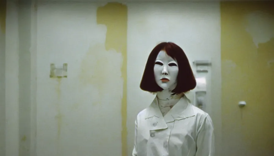 Prompt: 60s movie still of a white japanese female phantom bloody in an empty hospital with light yellow walls, eastmancolor, heavy grain, high quality, higly detailed, liminal space