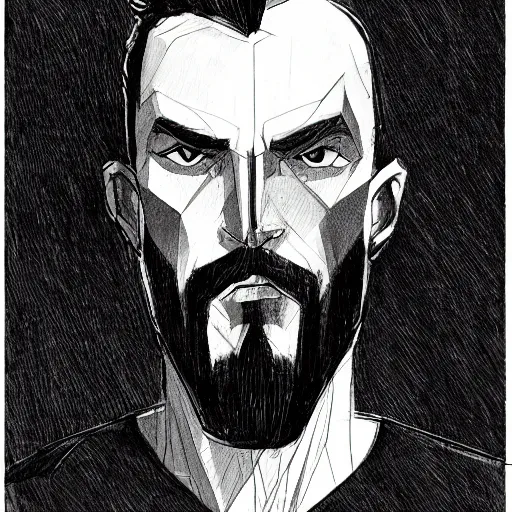 Prompt: very high angle view, very attractive man with beard, body full, strong masculine features, 3/4 front view, slim, command presence, royalty, weathered face, smooth, sharp focus, organic, appealing, book cover, deep shadows, by Dave McKean sketch lineart for character design