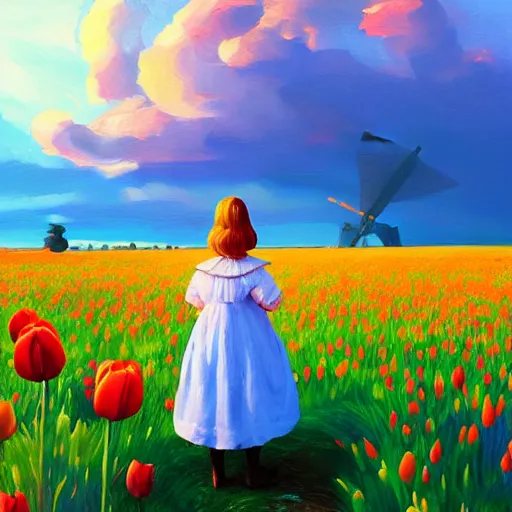 Image similar to giant tulip head dutch girl, surreal photography, flower field, sunset dramatic light, impressionist painting, colorful clouds, blue sky, digital painting, artstation, simon stalenhag