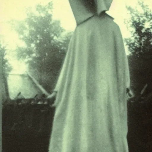 Image similar to antique photograph of a ghost of an evil catholic nun walking in a graveyard, night, blurry, translucent, glowing, real photo,