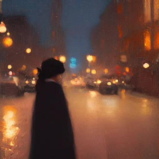 Image similar to detailed portrait of a woman in the city street at night, bokeh, long exposure, painting by jeremy lipking