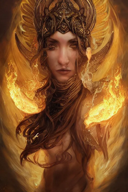 Prompt: front portrait of beautiful girl sorcerer looking up with fire and golden dragon skin, celtic rune tattoos, casting magic spell, angel, fantasy, magic the gathering, hyper detailed, 3 d render, hyper realistic detailed portrait, peter mohrbacher, wlop, ruan jia, luis royo