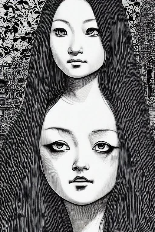 Image similar to beautiful portrait of a woman, negative no not mona lisa pose, highly detailed ink illustration of a dark alley of taipei, b & w clean shaped illustration by kim jung gi, ric estrada, ron english and eiichiro oda