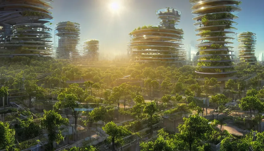 Sunrise over solarpunk city, vines, many trees and, Stable Diffusion